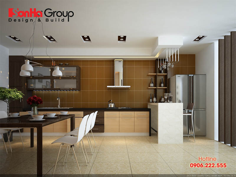 Thêm một mẫu thiết kế nội thất phòng bếp ăn với chất liệu gỗ cao cấp mà kiến trúc sư Sơn Hà mang đến cho biệt thự Pháp tại Hải Phòng