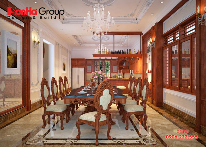 Mẫu thiết kế nội thất phòng ăn và bếp phong cách cổ điển Pháp tiện nghi với nội thất gỗ đẹp mắt 