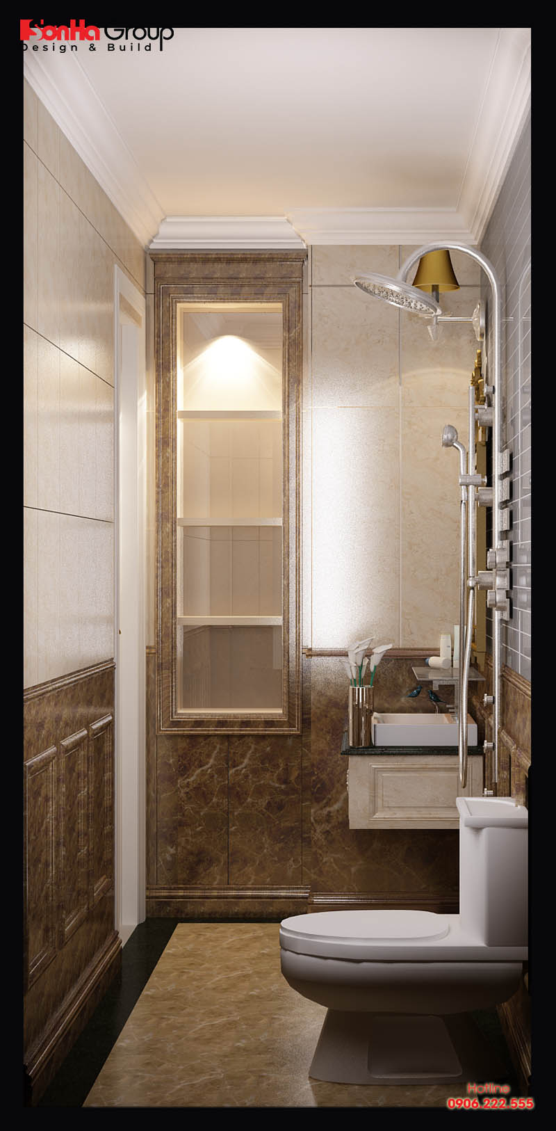 Phòng tắm kết hợp WC được đầu tư nội thất cao cấp tiện nghi trong mỗi phòng ngủ của nhà phố hiện đại 