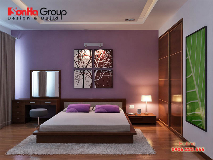 Thiết kế nội thất phòng ngủ hiện đại đơn giản trang bị vật dụng ngăn nắp, màu sắc hợp phong thủy với mệnh của gia chủ 