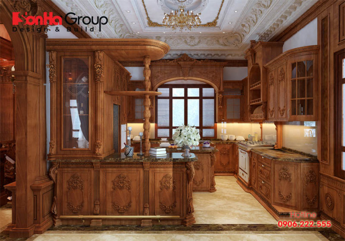 Nội thất gỗ được sử dụng đồng màu và xuyên suốt trong trang trí bếp 
