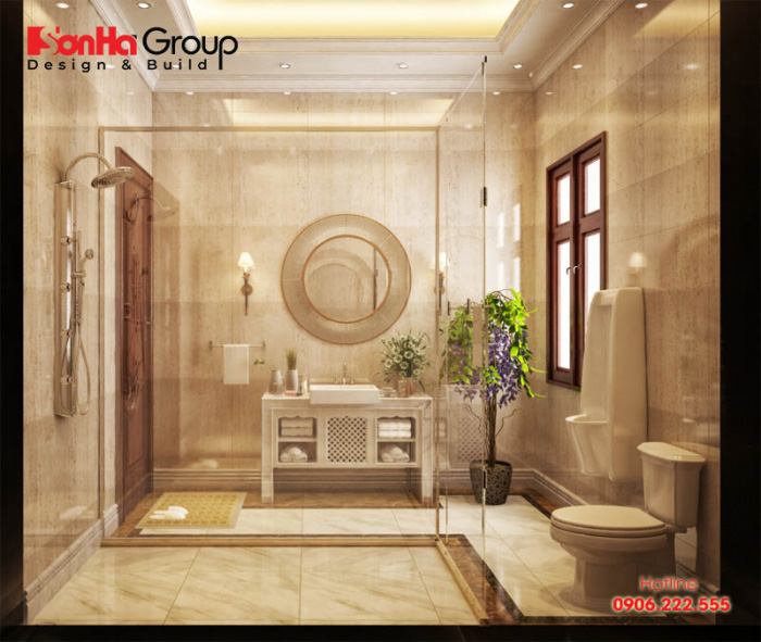 Nội thất phòng vệ sinh cao cấp với bố trí hợp lý và đẹp mắt từ mọi góc độ dành cho nhà phố có thiết kế nội thất cổ điển vương giả 