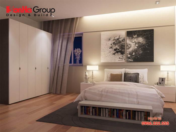 Căn phòng ngủ ấm cúng tiện nghi dành cho vợ chồng gia chủ với tone màu nhẹ nhàng, đem lại giấc ngủ ngon nhất 