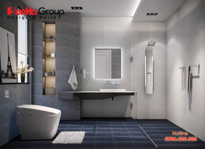 Gam màu xám trung tính được sử dụng linh hoạt trong thiết kế vfa trang trí phòng tắm 
