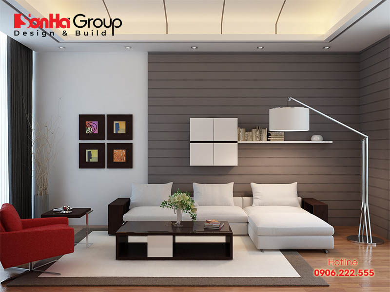 Căn phòng khách diện tích 20m2 này được KTS Sơn Hà thiết kế nội thất phòng khách với màu sắc nhấn nhá tinh tế, giản đơn mà hợp phong thủy nhất