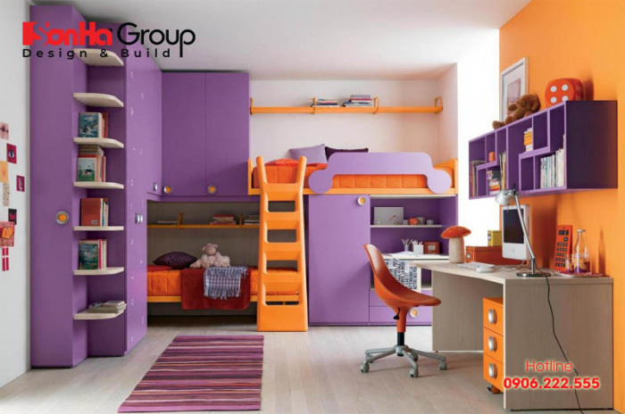 Phòng ngủ với tone màu tím dịu nhẹ mang tới những giờ phút nghỉ ngơi thoải mái nhất cho trẻ 