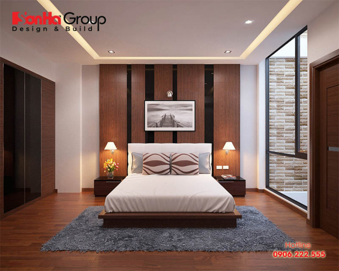 Thiết kế nội thất phòng ngủ đơn giản với kiểu dáng gọn gàng, màu sắc trung tính hợp phong thủy theo chủ nhân đề ra 