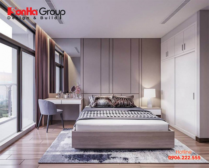 Căn phòng ngủ phong cách hiện đại được trang bị vật liệu gỗ công nghiệp đẹp bố trí khoa học trên diện tích sàn nhỏ 
