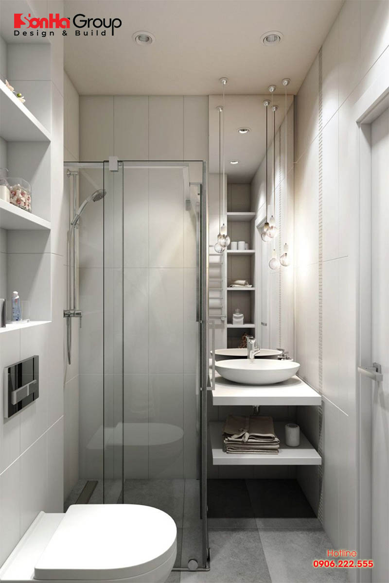 Căn phòng tắm nhỏ đẹp dành cho nhà phố có diện tích hạn chế rất ngăn nắp và tiện nghi với vật dụng cao cấp 