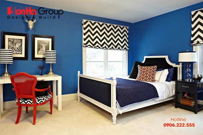 Không gian phòng ngủ màu xanh dương có thể giúp con người thư giãn, mang lại cảm giác dễ chịu 