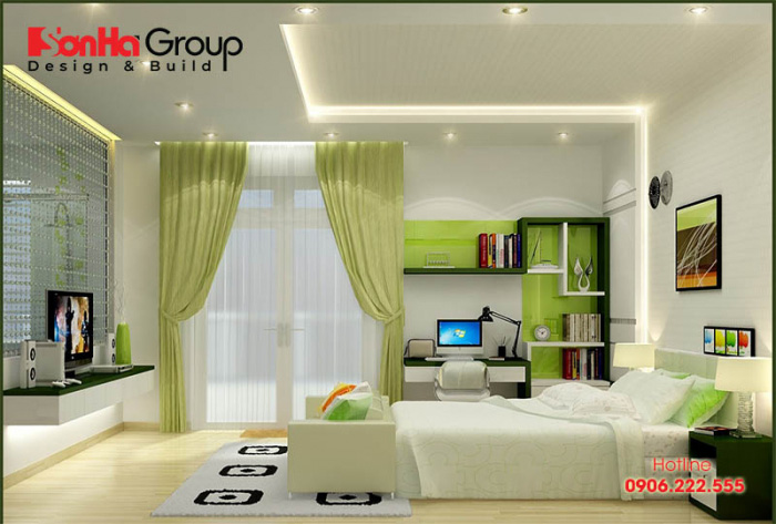 Không gian phòng ngủ màu xanh lá mang đến cho gia chủ sự thư giãn, cân bằng và yên tĩnh 