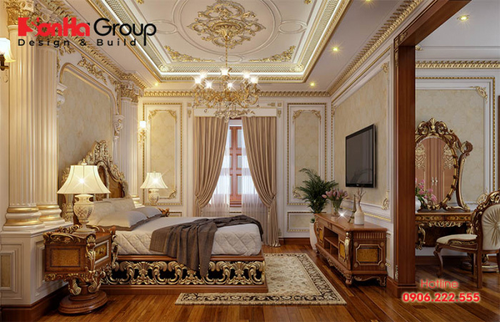 Không gian phòng ngủ tân cổ điển luôn tạo cho ta cảm giác như đang được sống trong tòa lâu đài mang đậm phong cách hoàng gia quý phái