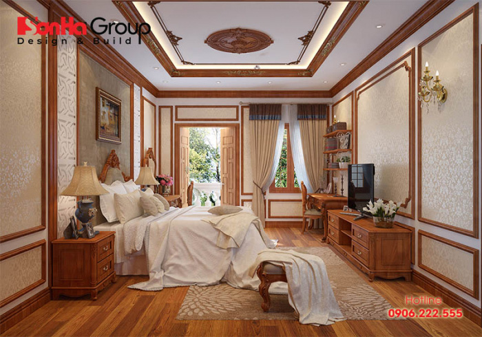 Nội thất gỗ cao cấp được sử dụng chủ đạo làm tăng thêm sự sang trọng cho không gian phòng ngủ tân cổ điể diện tích 40m2 