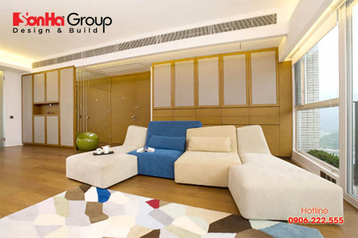 Phòng khách kiểu Hàn Quốc sử dụng màu chủ đạo là các gam màu sáng trang nhã như trắng, vàng nhạt 