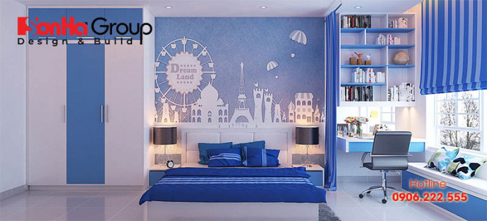 Phòng ngủ màu xanh dương đem lại không khí yên bình, thoải mái và dễ chịu 