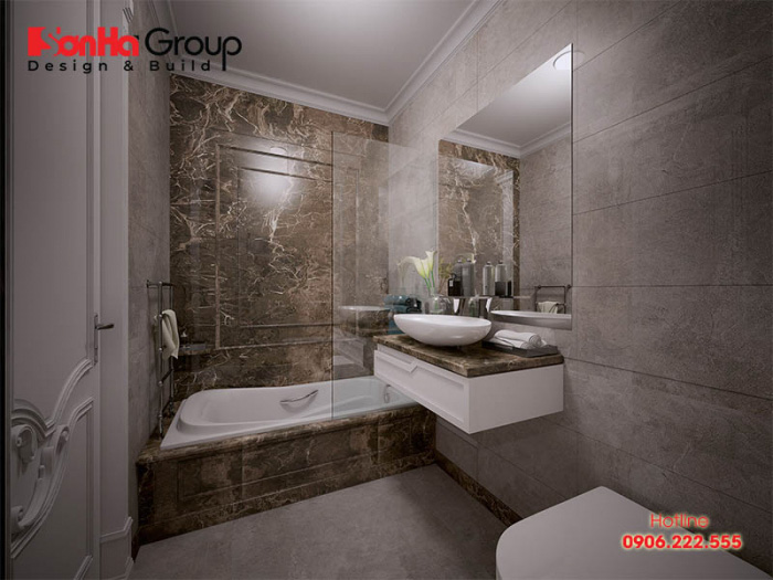 Phòng tắm kết hợp WC được đầu tư nội thất cao cấp tiện nghi trong mỗi phòng ngủ của nhà phố hiện đại 