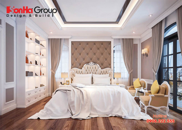 Thiết kế nội thất phòng ngủ 30m2 kiểu tân cổ điển Pháp đẹp nhẹ nhàng và tinh tế 