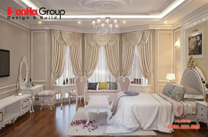Ý tưởng thiết kế nội thất phòng ngủ  40m2 tiện nghi với gam màu độc đáo theo phong cách tân cổ điển đang được ưa chuộng 