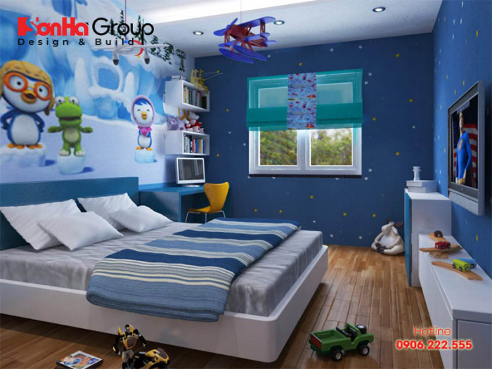 Ý tưởng trang trí nội thất phòng ngủ bé trai với gam màu xanh dương nổi bật và cuốn hút 