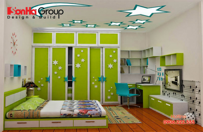 Ý tưởng trang trí phòng ngủ bé trai với gam màu xanh lá chủ đạo đẹp và nổi bật 