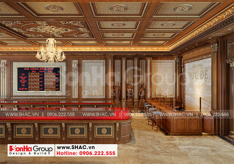 Nội thất gỗ đượ sử dụng phù hợp với việc trưng bày sản phẩm vàng bạc 