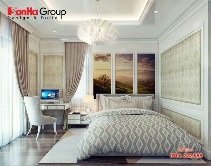 Căn phòng ngủ tân cổ điển có thiết kế nội thất đơn giản, màu sắc hài hòa thể hiện cá tính của gia chủ 