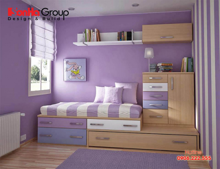 Không gian phòng ngủ màu tím dành cho bé trai với thiết kế nội thất hiện đại trên diện tích nhỏ 
