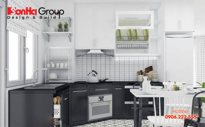 Thiết kế phòng bếp ăn màu trắng với nội thất hiện đại dành cho nhà diện tích nhỏ