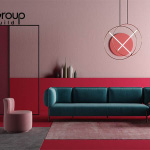 Mẫu phòng khách màu hồng kết hợp với màu tương phản 1
