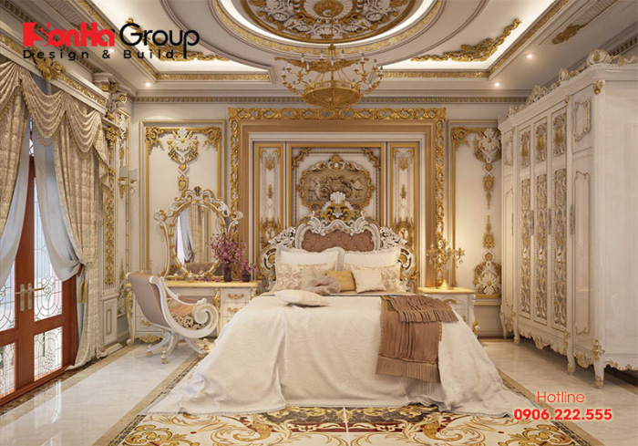 Mẫu thiết kế nội thất phòng ngủ với gam màu vàng kem chủ đạo mang đậm chất vương giả quyền quý 