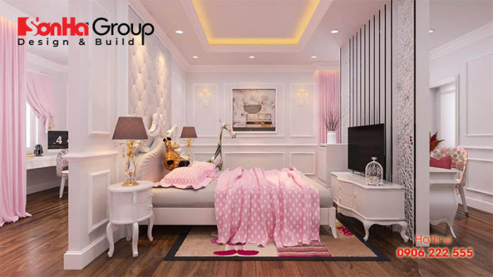 Mẫu thiết kế phòng ngủ màu hồng với nội thất tân cổ điển đẹp và sang trọng
