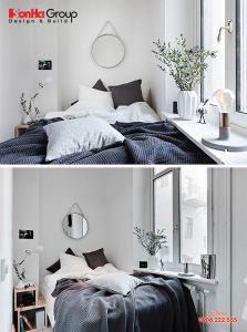Những chậu cây xanh nhỏ xinh, tranh, thảm trải sàn, … là những thứ không thể vắng mặt trong phòng ngủ scandinavian 1