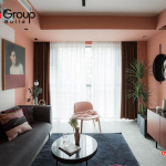 Thiết kế phòng khách màu hồng kết hợp với màu xám 4