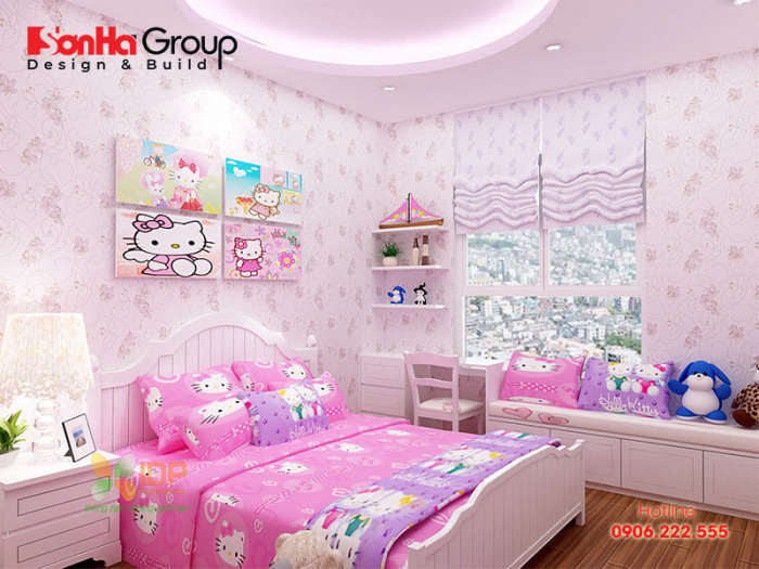 Thiết kế phòng ngủ cho bé gái hiện đại với gam màu hồng dịu dàng