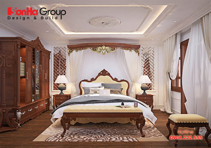 Trang trí nội thất phòng ngủ đẹp kiểu cổ điển tiện nghi với vật liệu gỗ bề thế rất hoàn hảo mà không quá cầu kỳ 