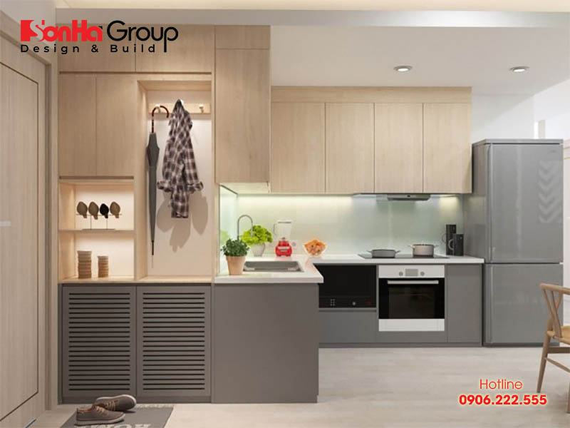 Căn phòng bếp diện tích nhỏ được lên phương án thiết kế nội thất hiện đại, bố trí chuẩn phong thủy