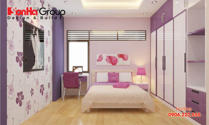 Với mẫu thiết kế phòng ngủ đẹp sử dụng gam màu tím và bạn yêu thích sự lãng mạn, nhẹ nhàng, trẻ trung thì tím nhạt sẽ là phương án phù hợp nhất 