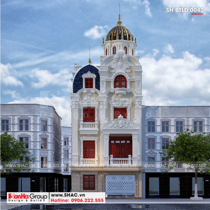 Biệt thự lâu đài mini 4 tầng 1 tum 90m2 sang trọng – SH BTLD 0042 2 Chiêm ngưỡng mặt tiền ngôi biệt thự lâu đài đốn gục mọi ánh nhìn bởi từng đường nét kiến trúc mềm mại và tinh tế