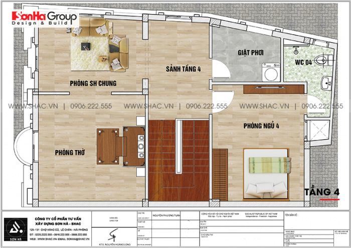 Biệt thự lâu đài mini 4 tầng 1 tum 90m2 sang trọng – SH BTLD 0042 7 Bản vẽ mặt bằng tầng 4 biệt thự lâu đài mini diện tích sàn 88,16m2 (7,6m x 11,6m) tại Hưng Yên