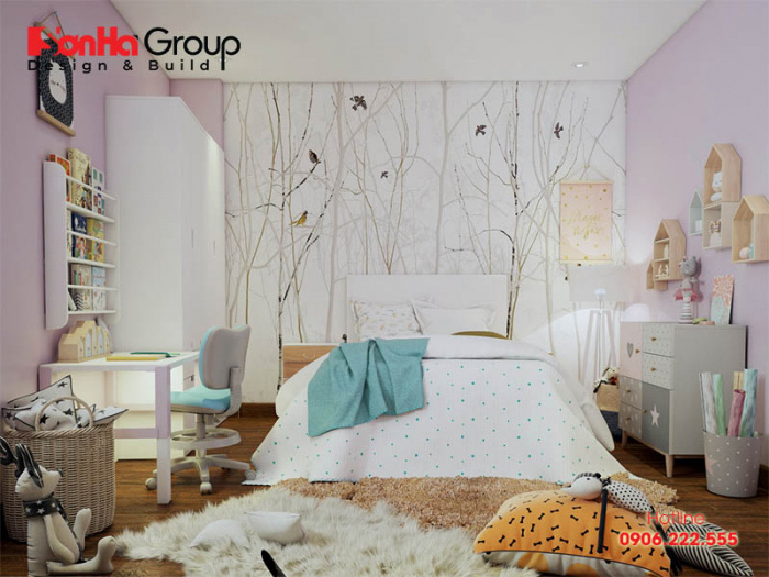 Căn phòng ngủ dành cho bé gái đẹp và màu sắc sinh động tươi mới hài hòa với lứa tuổi mà Chủ đầu tư lựa chọn cho bé 