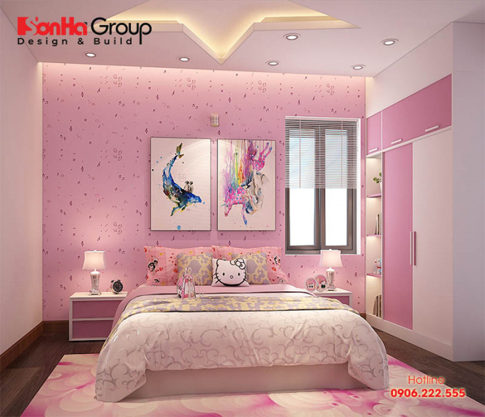 Chắc hẳn đây sẽ là sự lựa chọn lý tưởng cho các con gái lớn trong gia đình với thiết kế nội thất phòng ngủ hiện đại đầy đủ tiện nghi cao cấp sở hữu tone màu hồng đáng yêu đúng sở thích 