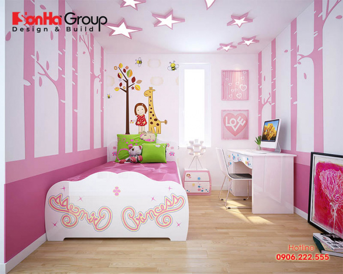 Gam hồng dịu dàng nữ tính là sắc màu chủ đạo trong thiết kế nội thất căn phòng ngủ này dành cho con gái của gia chủ 