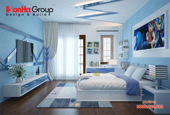 KTS Sơn Hà đã lựa chọn sắc xanh chủ đạo để lên phương án thiết kế nội thất phòng ngủ bé trai đáp ứng đúng sở thích của bé đề ra 