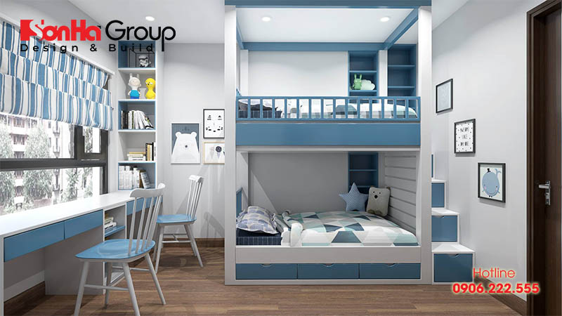 Sự kết hợp hài hòa giữa sắc trắng và xanh dương giúp căn phòng được mở rộng diện tích nhiều lần so với thực tế