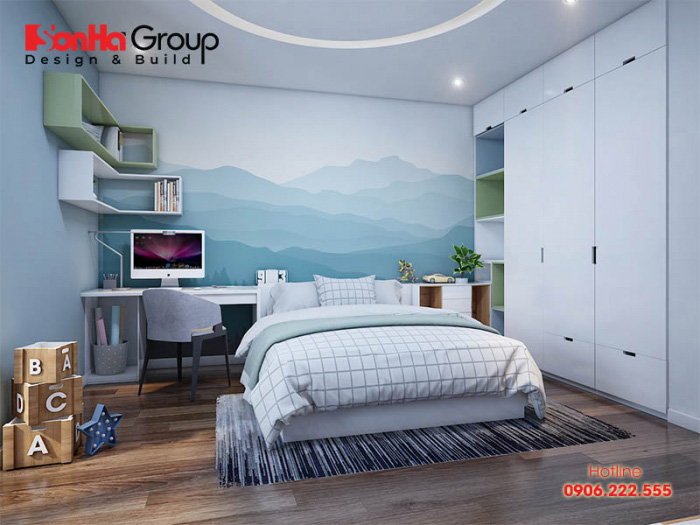 Phòng ngủ con trai với nội thất hiện đại nhẹ nhàng được bày trí ngăn nắp hài hòa với diện tích căn phòng 