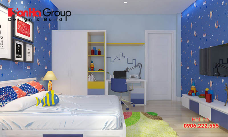 Đây cũng là căn phòng ngủ mang màu xanh chủ đạo được đông đảo các bậc phụ huynh lựa chọn cho con mình