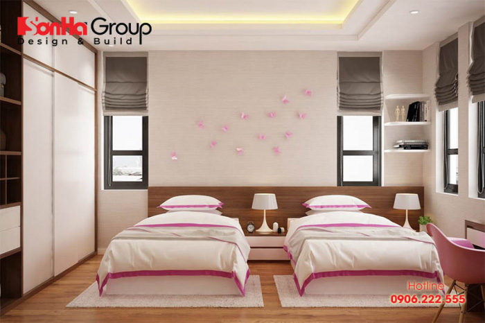 Thiết kế nội thất phòng ngủ nhà đẹp 2 giường đơn dành cho những không gian phòng có diện tích đủ lớn 