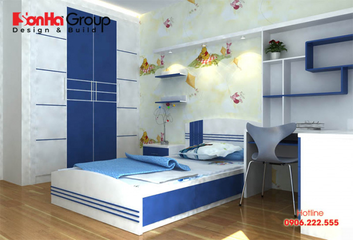 Thiết kế phòng ngủ dành cho bé trai 10 tuổi với nội thất đơn giản mang gam màu xanh dương chủ đạo 