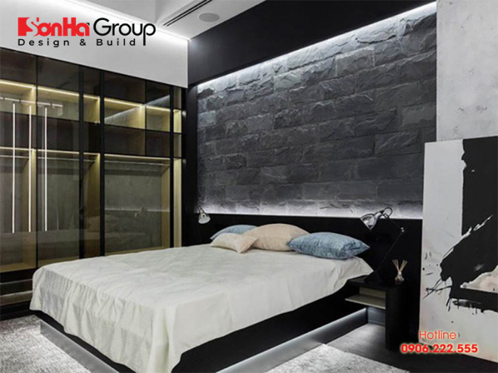 Thiết kế phòng ngủ nam đẹp sử dụng gam màu đen – trắng làm nổi bật nên nét nam tính, hiện đại cho căn phòng ngủ 