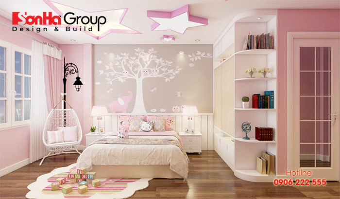 Tinh tế hơn với mẫu thiết kế nội thất phòng ngủ cho bé gái với kiểu dáng nội thất hiện đại đẹp với sắc trắng đan xen hồng dễ thương 